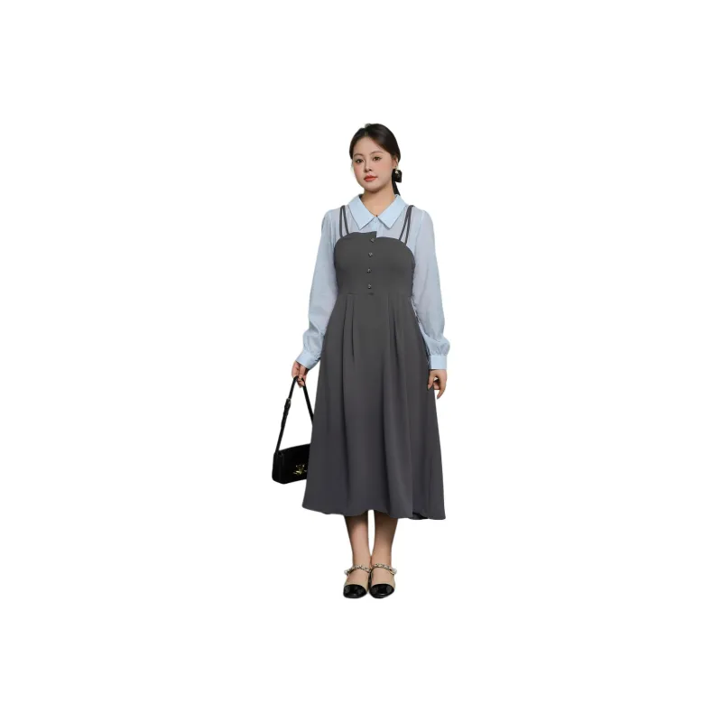 DAMABAIFENBAI Long Sleeved Dresses Women's Gray Blue-0