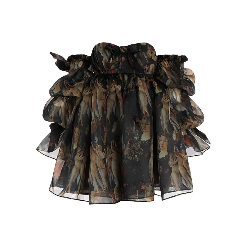 Selkie Collection FW24 Long-Sleeved Dresses Women's Black Background Vintage Gods' Garden Print-0