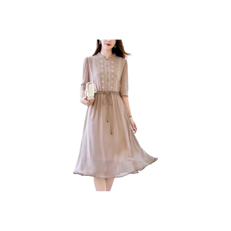 Yi Mengyuan Lace Up Silk Short Sleeved Dress Women's-5