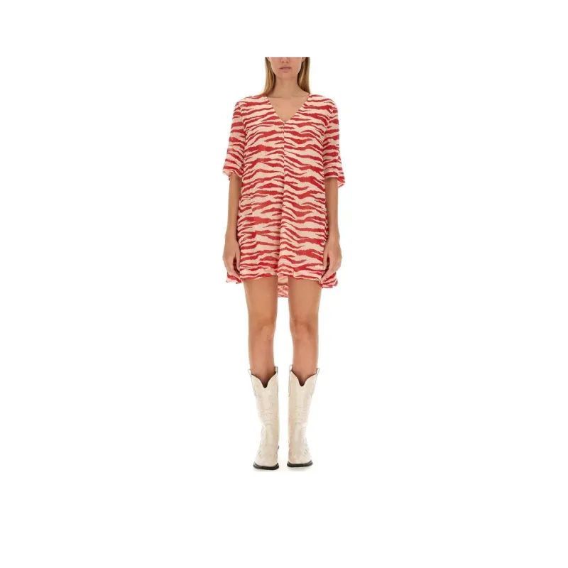 GANNI Zebra-Printed V-Neck Drop Shoulder Dress-0