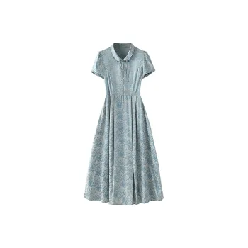 Cypress House Short Sleeved Dress Women's Blue Gray Pattern