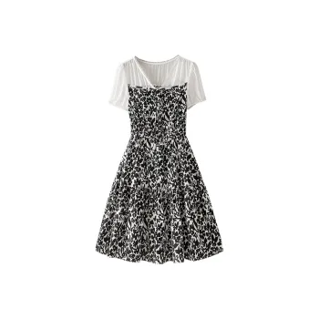 Cypress House Short-Sleeved Dresses Women's Beige Top With Black Flowers At The Bottom