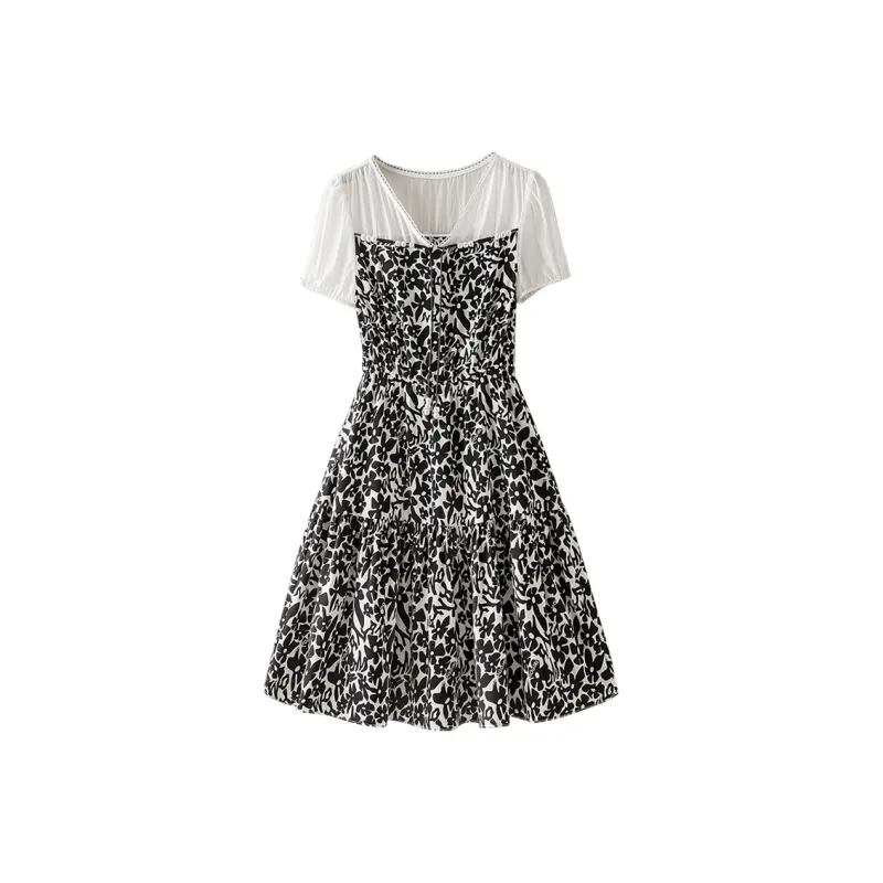 Cypress House Short Sleeved Dress Women's Top Beige With Bottom Black Floral-0