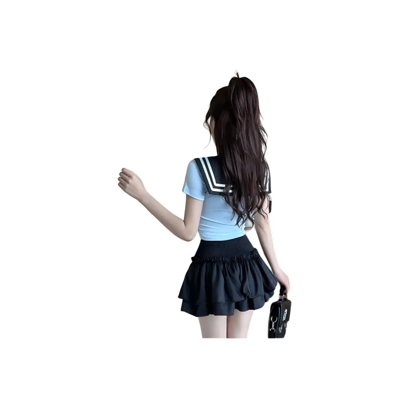 DGMZ Uniforms Women's Blue Top+Bow Tie+Black Skirt Set-1