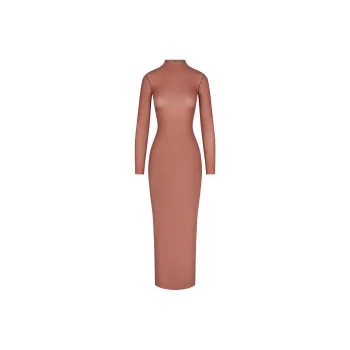 SKIMS MILKY SHEER MOCK NECK LONG SLEEVE LONG DRESS Long-Sleeved Dresses Women's BRANDY/Brandy