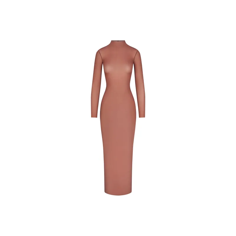 SKIMS MILKY SHEER MOCK NECK LONG SLEEVE LONG DRESS Long-Sleeved Dresses Women's BRANDY/Brandy-0