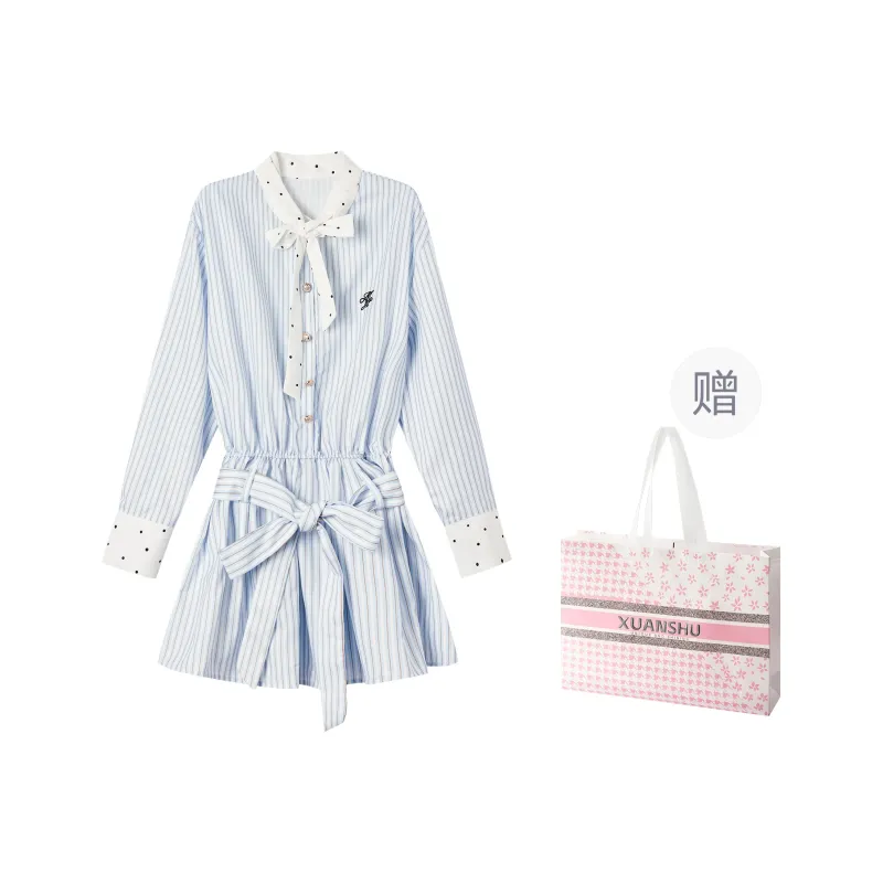 XUANSHU Long Sleeved Dress Women's Blue-0
