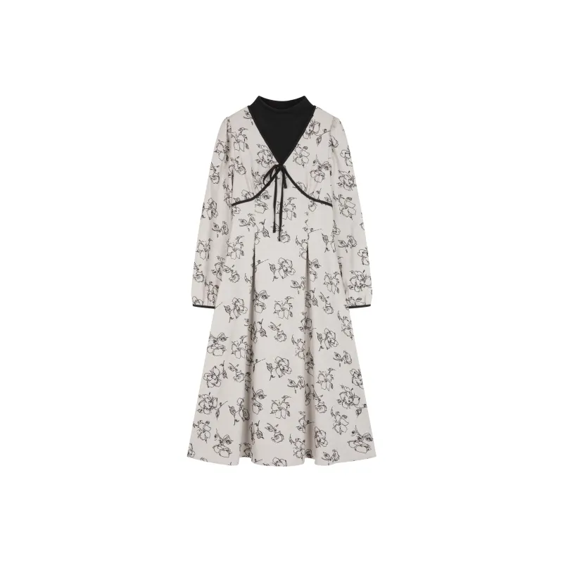 XWI Long Sleeved Dresses Women's Beige Base With Black Flowers-0