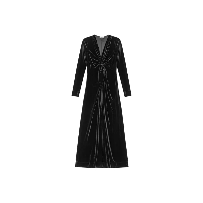 GANNI Velvet Jersey Twist Long Dress Long Sleeved Dress Women's Black-0