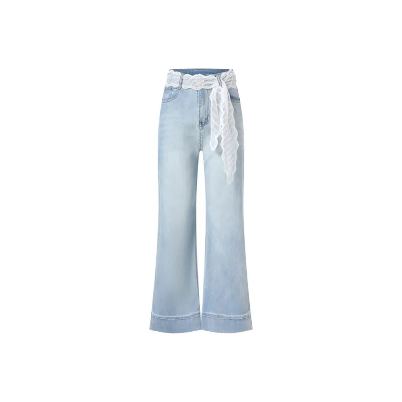 Mu Xiao Xin Jeans Women's Blue With Lace Trims-0
