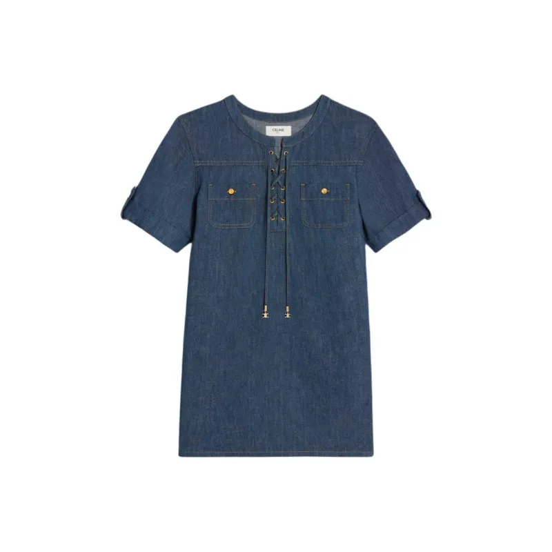CELINE Mini Dress In Dark Ocean Wash Denim-0