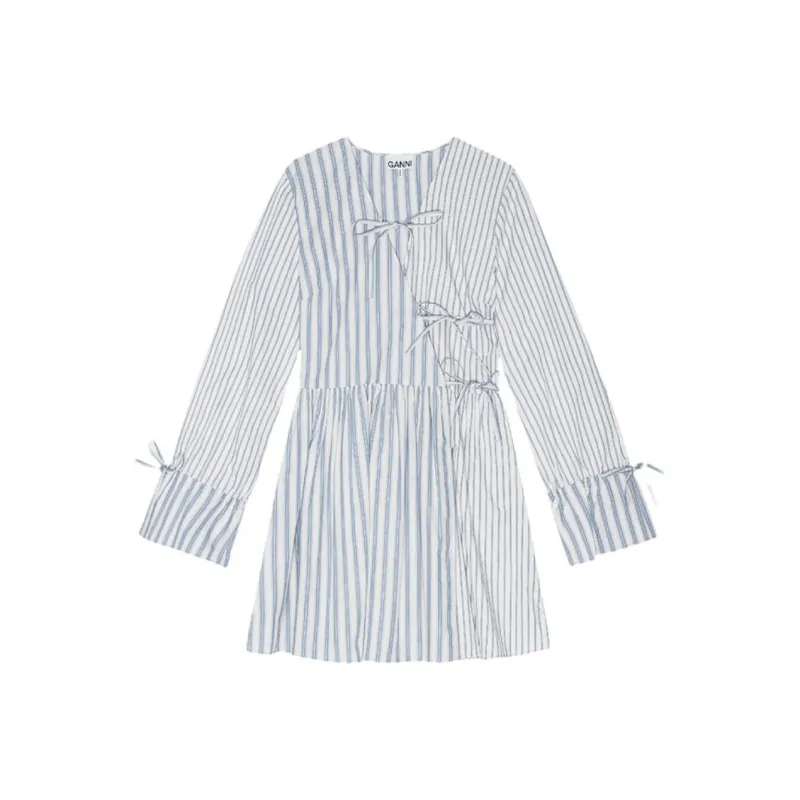 GANNI Stripe print Cotton Mini Wrap Dress-0