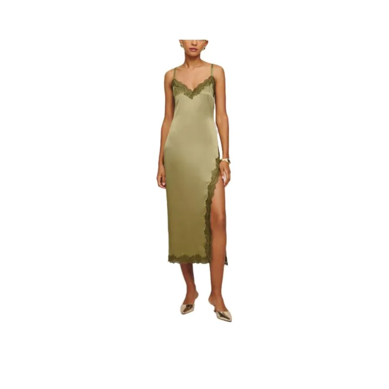 REFORMATION Karissa Silk Dress Slip Dresses Women's Olive Oil-0
