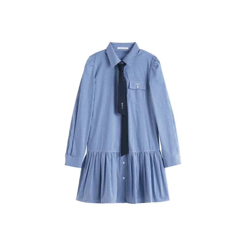 FANSILANEN Long Sleeved Dresses Women's Blue White Plaid-0