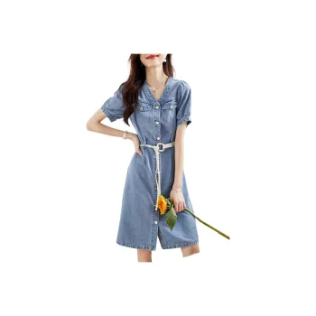 Mo Han Yi Mei Short Sleeved Dresses Women's Denim Blue