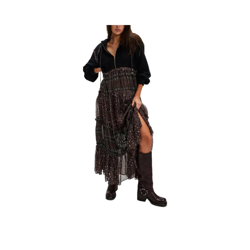 FREE PEOPLE Bali Cassia Maxi Dress Long-Sleeved Dresses Women's Brown Combo/Brown Combo-0