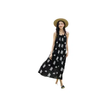 Mo Han Yi Mei Slip Dress Women's Black With White Floral