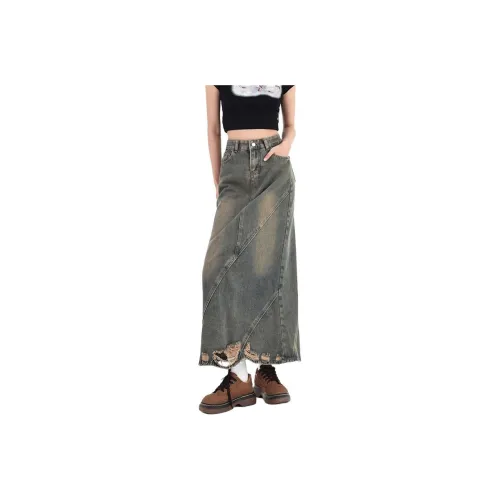 Ordifen Denim Long Skirt Women's Vintage Blue