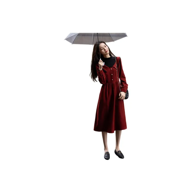 【dme】 Long Sleeved Dresses Women's Berry Red-0