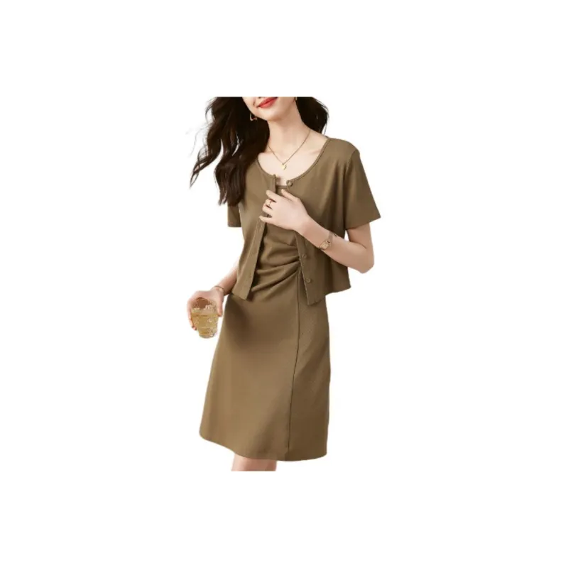 Mo Han Yi Mei Short Sleeved Dress Women's Coffee-0
