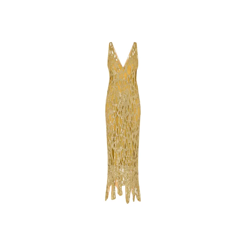 MOSCHINO Morphed Effect Satin Dress With Sequins Slip Dresses Women's Yellow-0