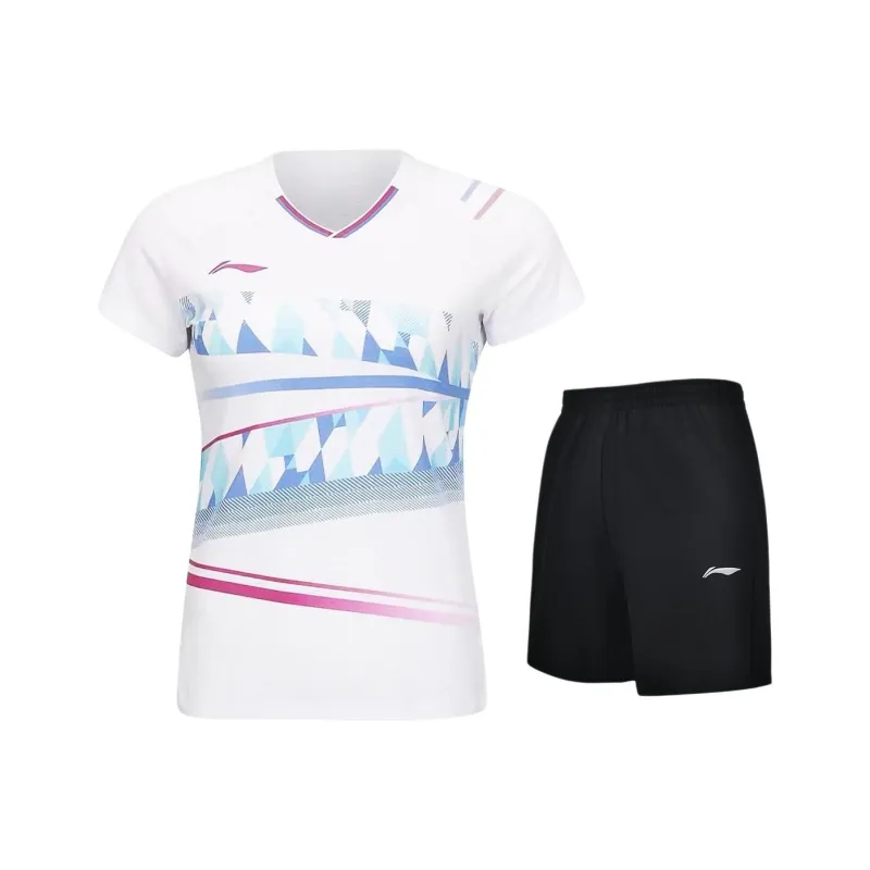 LINING Casual Suits Women's Set White Short-Sleeved Shirt+Black Shorts-0