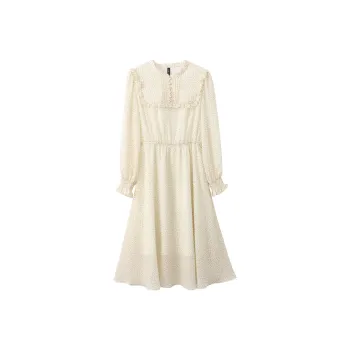 VIMLY Long-Sleeved Dresses Women's Apricot Base With Green Dots