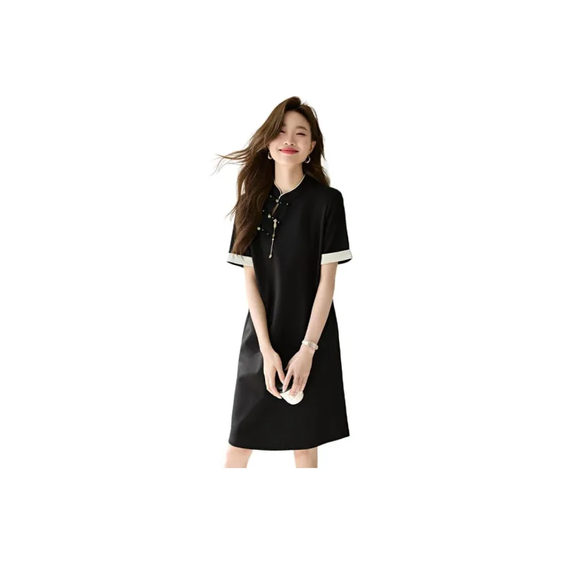 Mo Han Yi Mei SS24 Short Sleeved Dresses Women's Black & Green-0