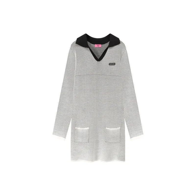 CHUU Long Sleeved Dresses Women's Black White Stripes-0