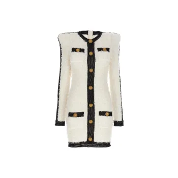 BALMAIN Logo Button Tweed Dress