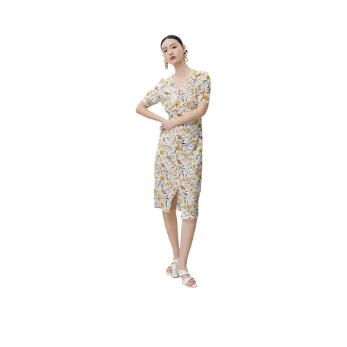 HENGZE Short Sleeved Dress Women's White, Mercury Flower