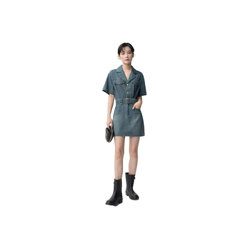 Gui'er Short-Sleeved Dresses Women's Vintage Blue-0