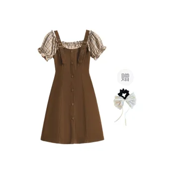 PAVEA Short Sleeved Dresses Women's Coffee+Hair Tie Comes With
