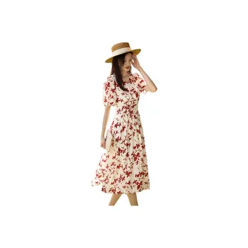 XWI Short Sleeved Dresses Women's Light Beige With Red Flowers