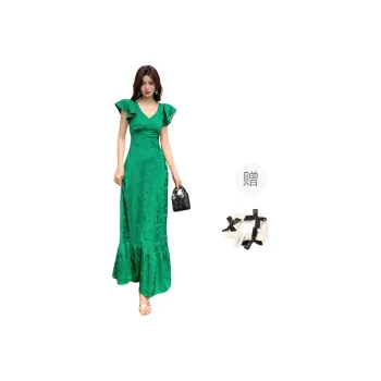 TURN UP Short Sleeved Dresses Women's Green+Bowknot Hair Tie Comes With