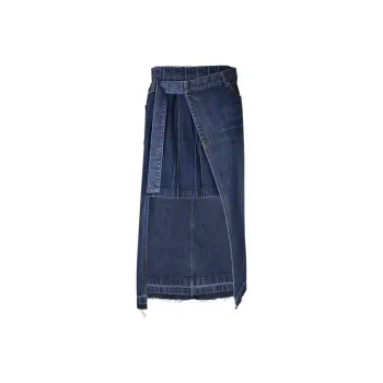Sacai Overlapping Raw-Cut Hem Denim Midi Skirt