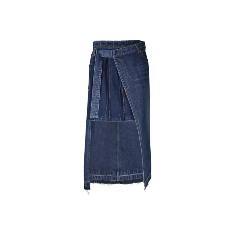 Sacai Overlapping Raw-Cut Hem Denim Midi Skirt-0