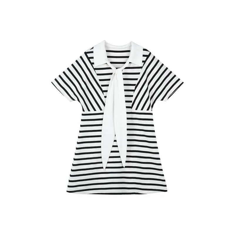 RZSE Short Sleeved Dresses Women's Black White Stripes-0