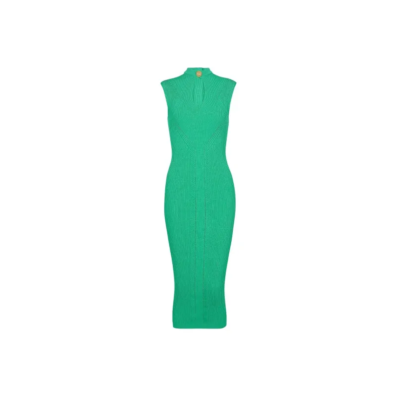 BALMAIN Ribbed Knit Midi Dress 'Green'-0