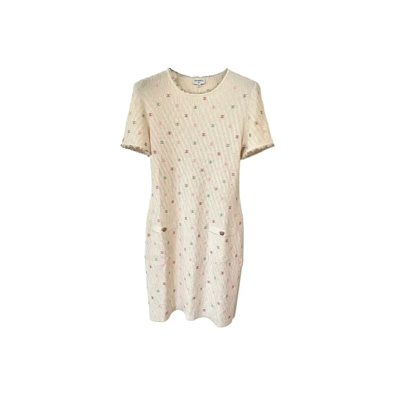 CHANEL Short Sleeved Dress Women's Beige-0
