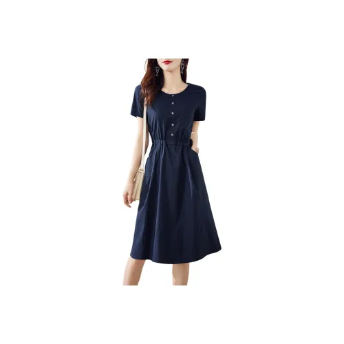 Still Quiet Short-Sleeved Dresses Women's Navy Blue