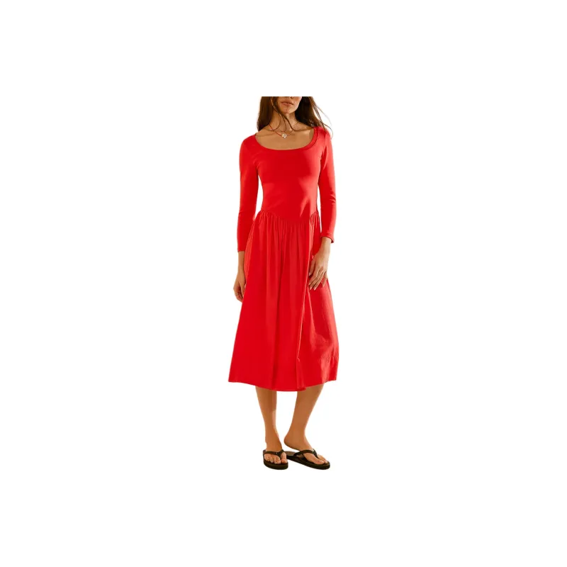 FREE PEOPLE Aelia Drop-Waist Midi Long-Sleeved Dresses Women's Heart Eyes/Red Heart Color-0