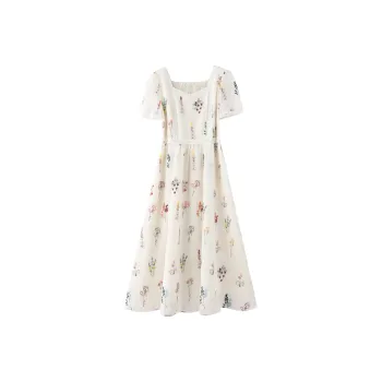 Miss Chipmunk Short Sleeved Dress Women's White With Embroidery