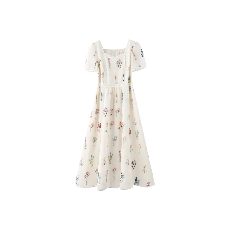 Miss Chipmunk Short Sleeved Dress Women's White With Embroidery-0
