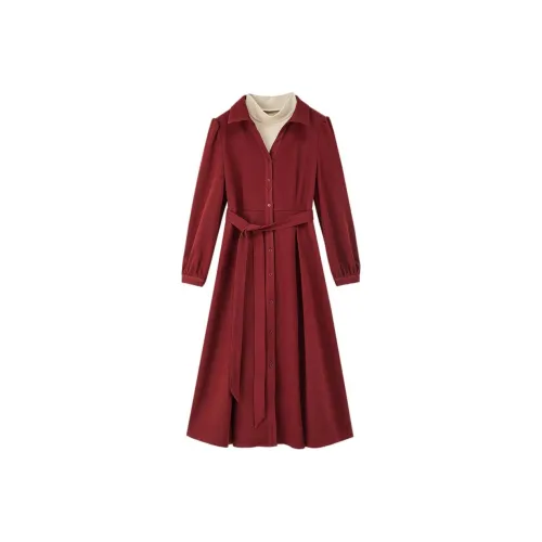 【dme】 Long Sleeved Dress Women's Sauce Red