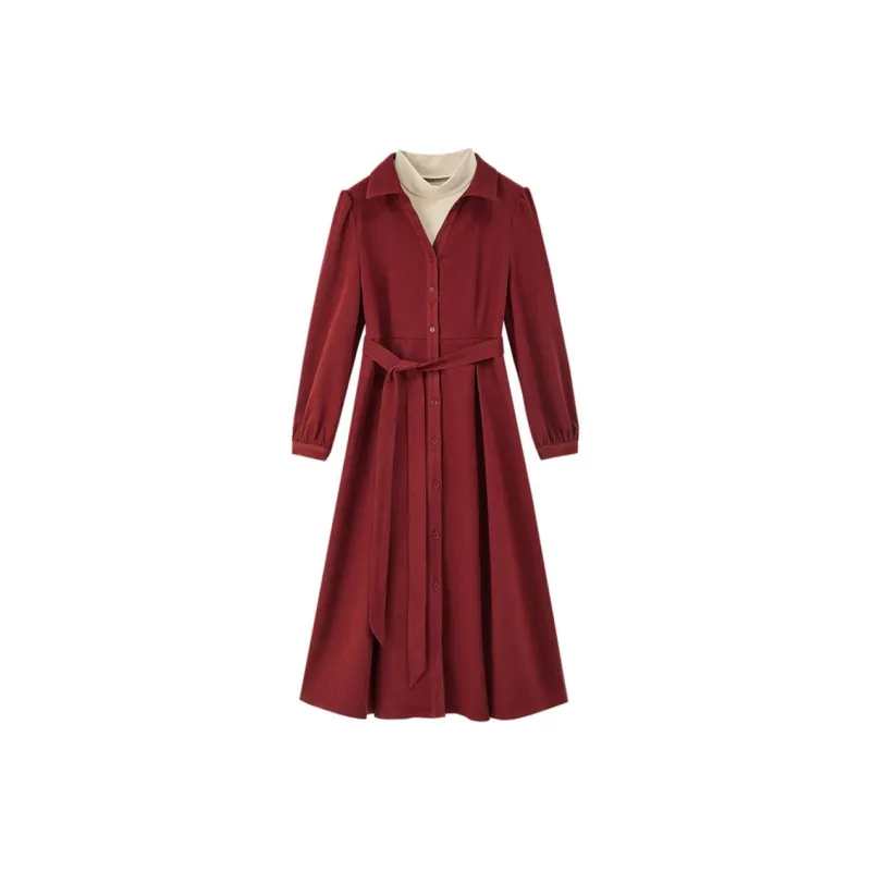 【dme】 Long Sleeved Dress Women's Sauce Red-0