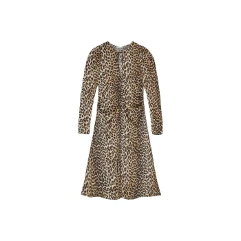 GANNI Leopard Print Satin Ruched Midi Dress