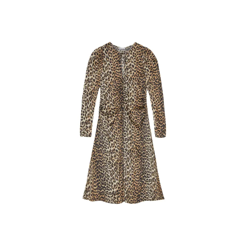 GANNI Leopard Print Satin Ruched Midi Dress-0