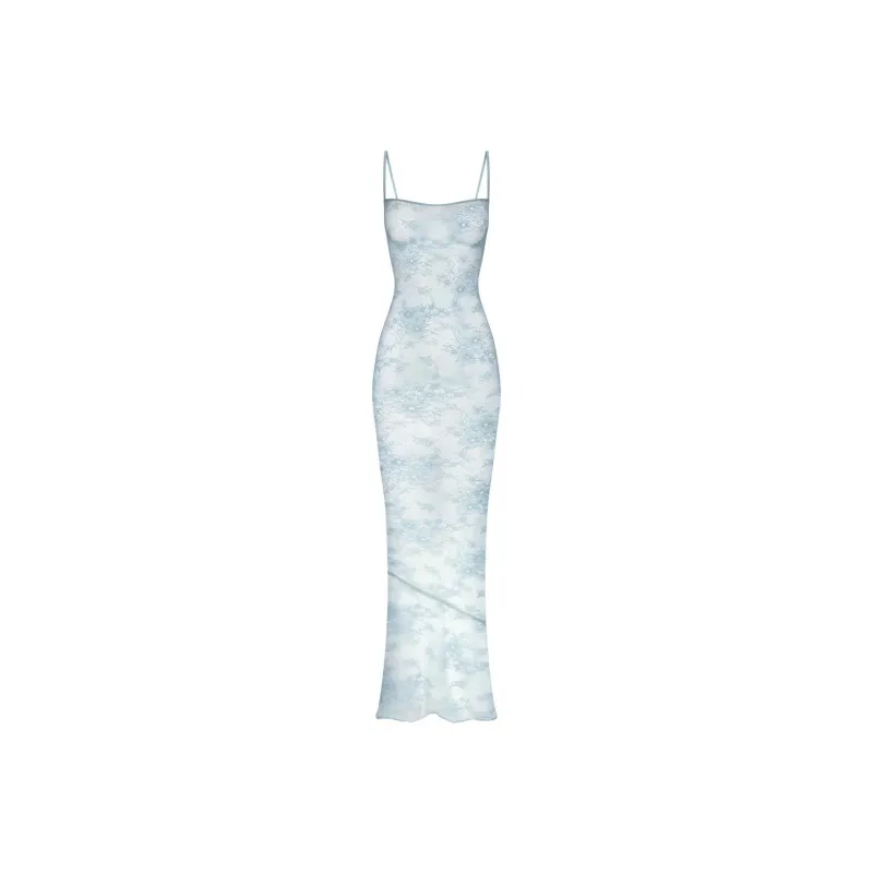 SKIMS ULTRA FINE LACE CAMI LONG DRESS Slip Dresses Women's DENIM/Denim-0