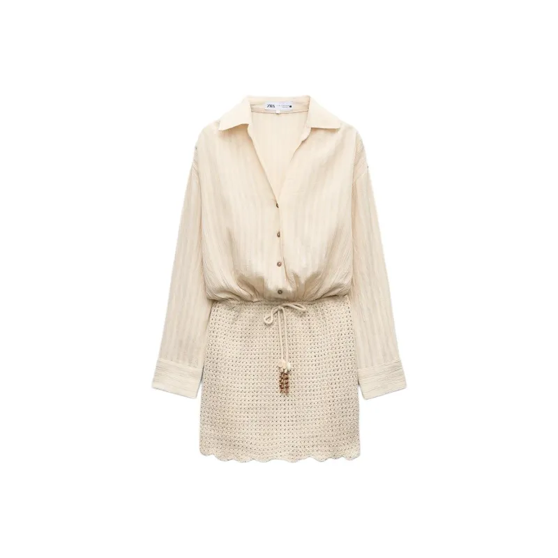 ZARA Long-Sleeved Dresses Women's Light Beige-0